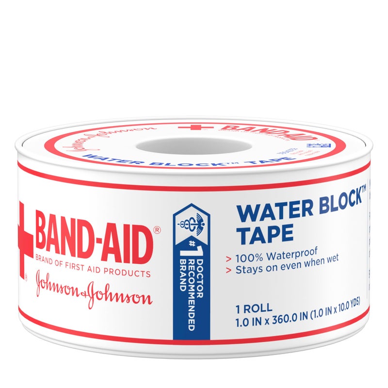 Band-Aid Brand First Aid Water Block 100% Waterproof Self-Adhesive Tape Roll for Durable Wound Care to Firmly Secure Bandages, 1 in by 10 yd - Image 1